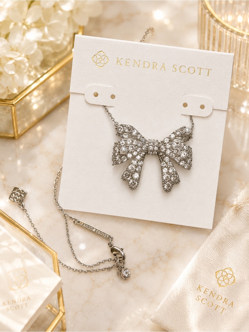 Kendra Scott Silver Crystal Bow Pendant Necklace 🎀✨ Rare Find